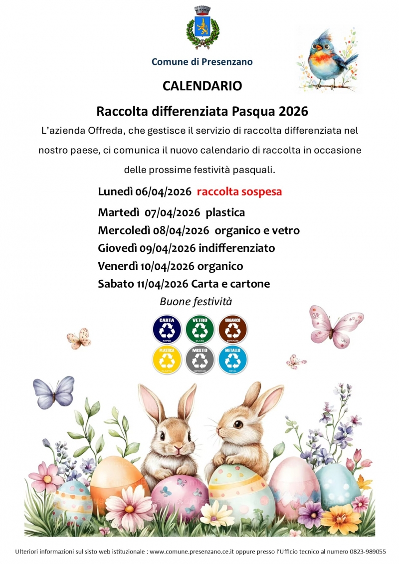 Calendario raccolta differenziata festivit� pasquali 2026