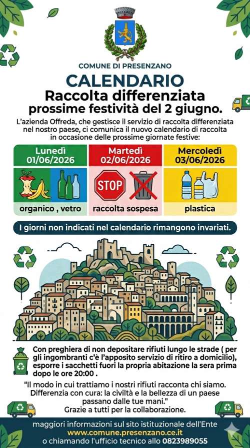Calendario raccolta differenziata in occasione delle prossime festivit� del 2 giugno 2026